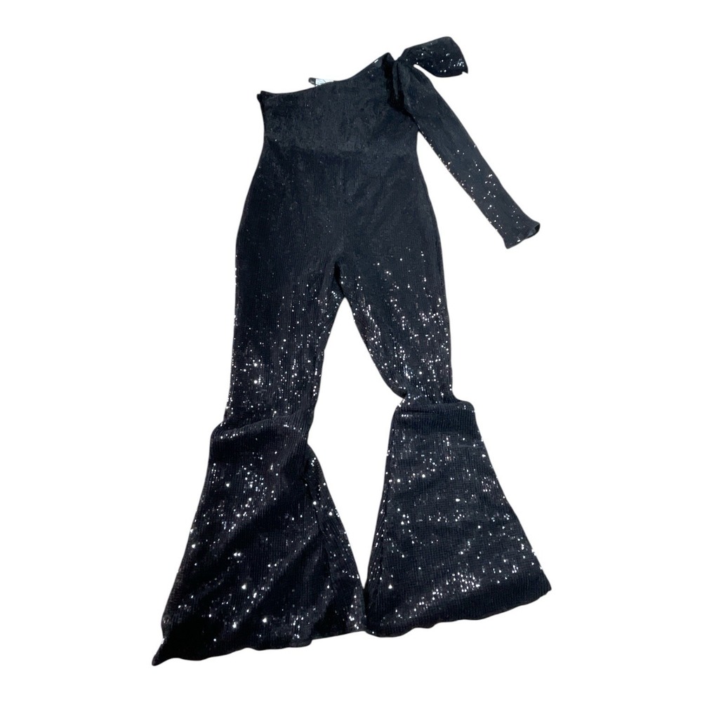 Pretty Little Thing Plus Black Sequin Bow One Shoulder Flared Jumpsuit 12